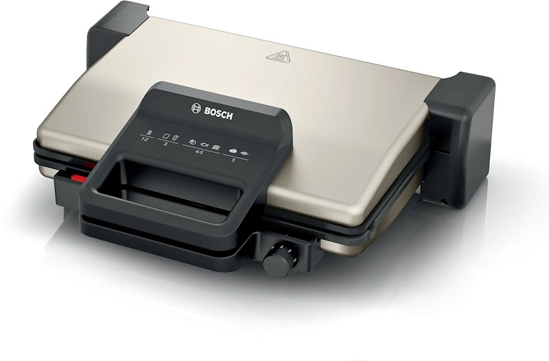 Bistecchiera BOSCH TCG3302, 2000W, 3 Posizioni di Cottura, 5 Livelli temperatura, Piastre Grill in Alluminio Rimovibili e Lavabili Lavastoviglie, Rivestimento Ceramico Antiaderente, Argento
