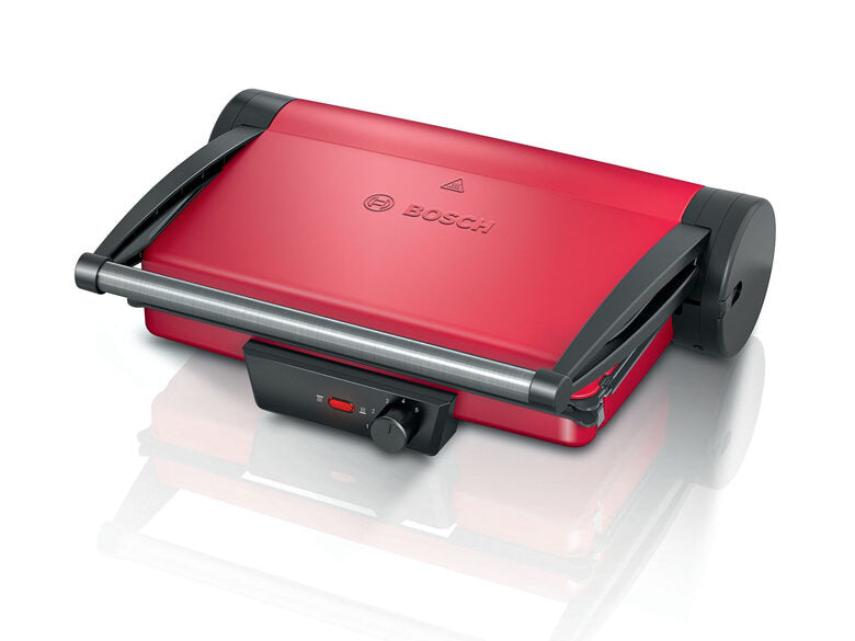 Bistecchiera BOSCH TCG4104, 2000W, 3 Posizioni di Cottura, 5 Livelli temperatura, Piastre Grill in Alluminio Rimovibili e Lavabili Lavastoviglie, Rivestimento Ceramico Antiaderente, Rosso