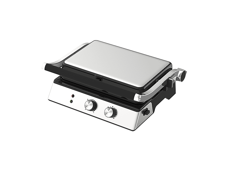 BISTECCHIERA MELCHIONI FAMILY BURGERONE 34x23, Potenza 1800 W, altezza regolabile, Contenitore olio antiaderente, Piastre asportabili, Compatibile per lavastoviglie, Silver / Acciaio