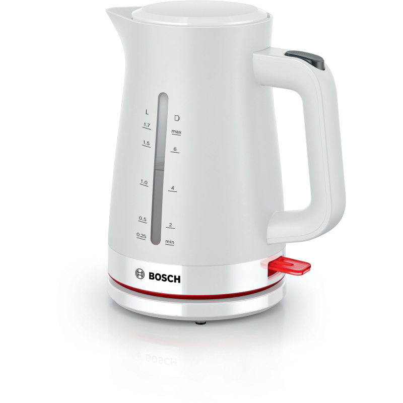 Bollitore BOSCH TWK3M121, Capacità 1.7 L, Spegnimento Automatico, Riscaldamento Rapido, Filtro Anticalcare Removibile, Indicatore Livello dell'Acqua Esterno, Facile da Pulire, Bianco