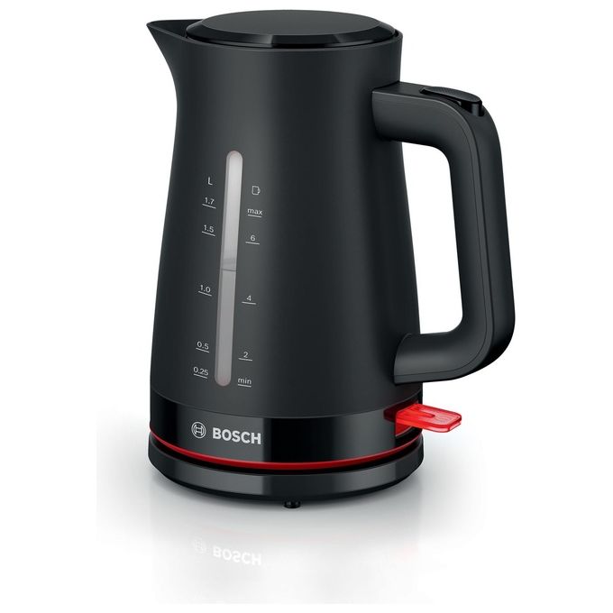 Bollitore BOSCH TWK3M123, Capacità 1.7 L, Spegnimento Automatico, Riscaldamento Rapido, Filtro Anticalcare Removibile, Indicatore Livello dell'Acqua Esterno, Facile da Pulire, Nero