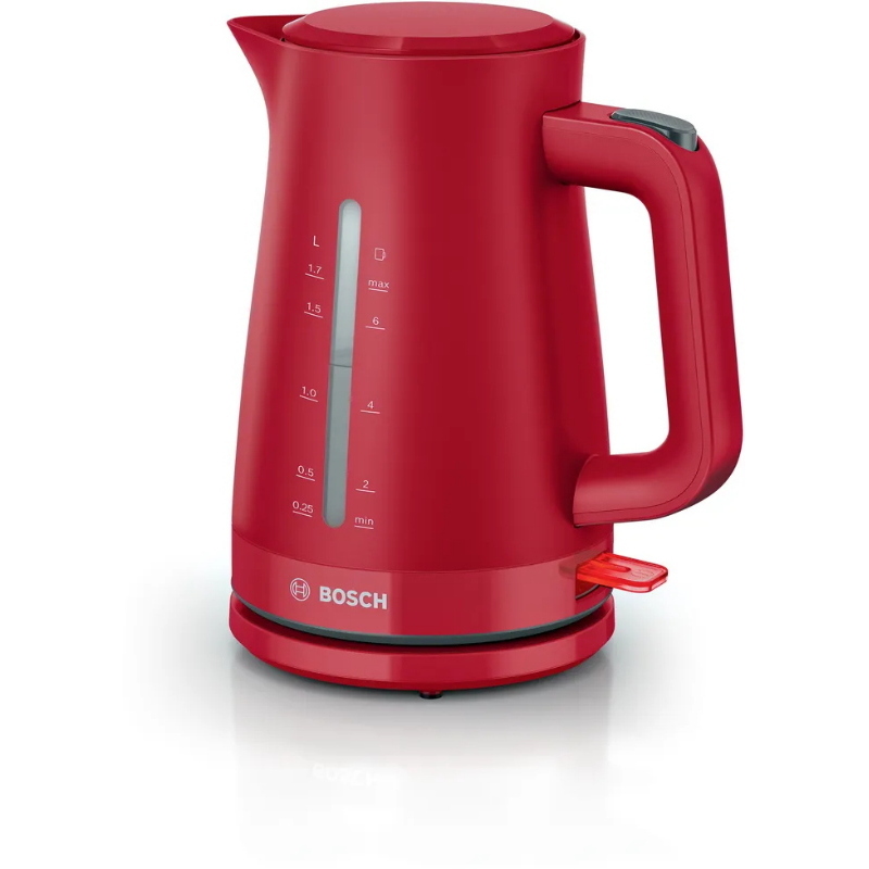 Bollitore BOSCH TWK3M124, Capacità 1.7 L, Spegnimento Automatico, Riscaldamento Rapido, Filtro Anticalcare Removibile, Indicatore Livello dell'Acqua Esterno, Facile da Pulire, Rosso