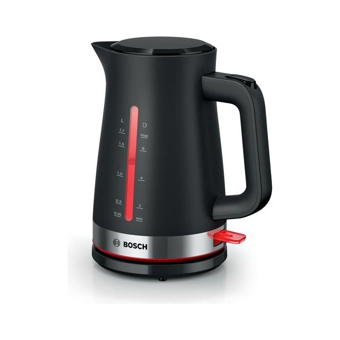 Bollitore BOSCH TWK4M223, Capacità 1.7 L, Spegnimento Automatico, Riscaldamento Rapido, Filtro Anticalcare Removibile, Indicatore Livello dell'Acqua Esterno, Facile da Pulire, Nero, Acciaio