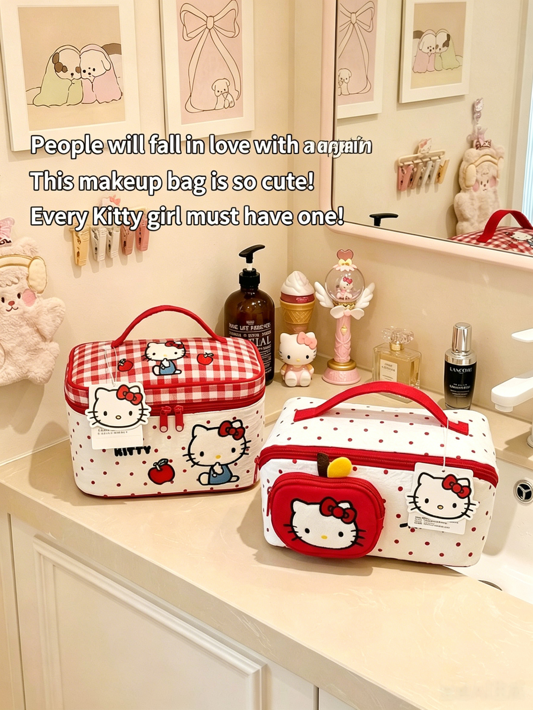 Borsa per cosmetici Hello Kitty, organizer da viaggio per trucchi di grande capacità con maniglia