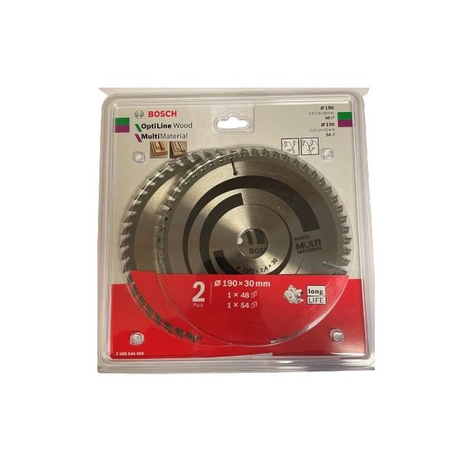 Bosch 2608644655 Optiline Wood + Multi Material Saw Blade Set Diametro 190 mm Foro 30 mm 48 denti + 54 denti colore Nero Bosch 2608644655 Optiline Wood + Multi Material Saw Blade Set Diametro 190 mm Foro 30 mm 48 denti + 54 denti colore Nero