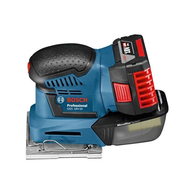 Bosch GSS 18V-10 Levigatrice Orbitale a Batteria 18 V 5 Ah con Fissaggio Velcro e Sistema Click and Clean colore Nero Bosch GSS 18V-10 Levigatrice Orbitale a Batteria 18 V 5 Ah con Fissaggio Velcro e Sistema Click and Clean colore Nero
