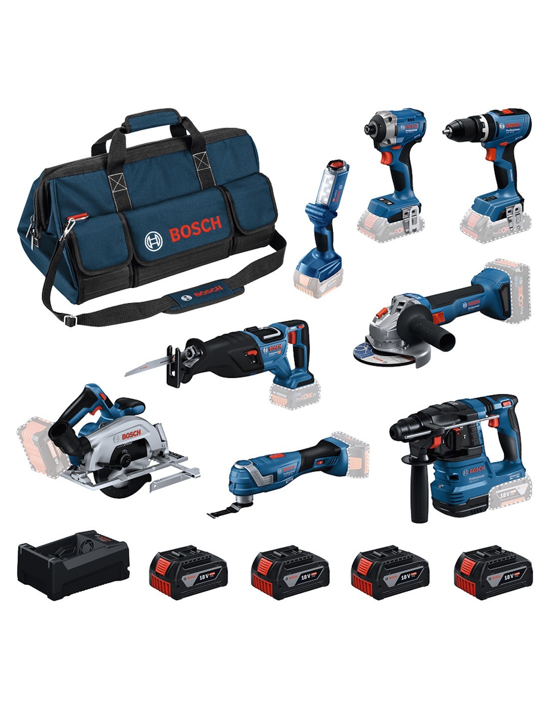 Bosch Kit 18v (gbh18v-22+gws18v-8+gdr18v-215+gsb18v-65+gks18v-57-2+gsa18v-28+gop18v-34+gli18v-300+4x5,0ah+gal12v/18v-80+borsa)