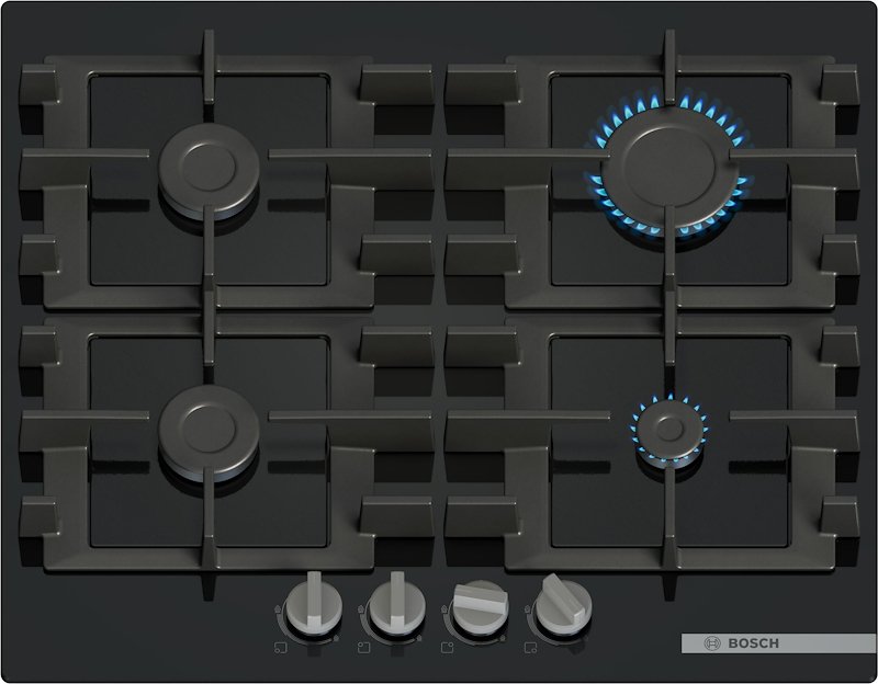 BOSCH PNP6B6K40 PIANO COTTURA GAS, 4 zone di cottura, dimensioni: L 59 cm, P 52 Vetro Nero