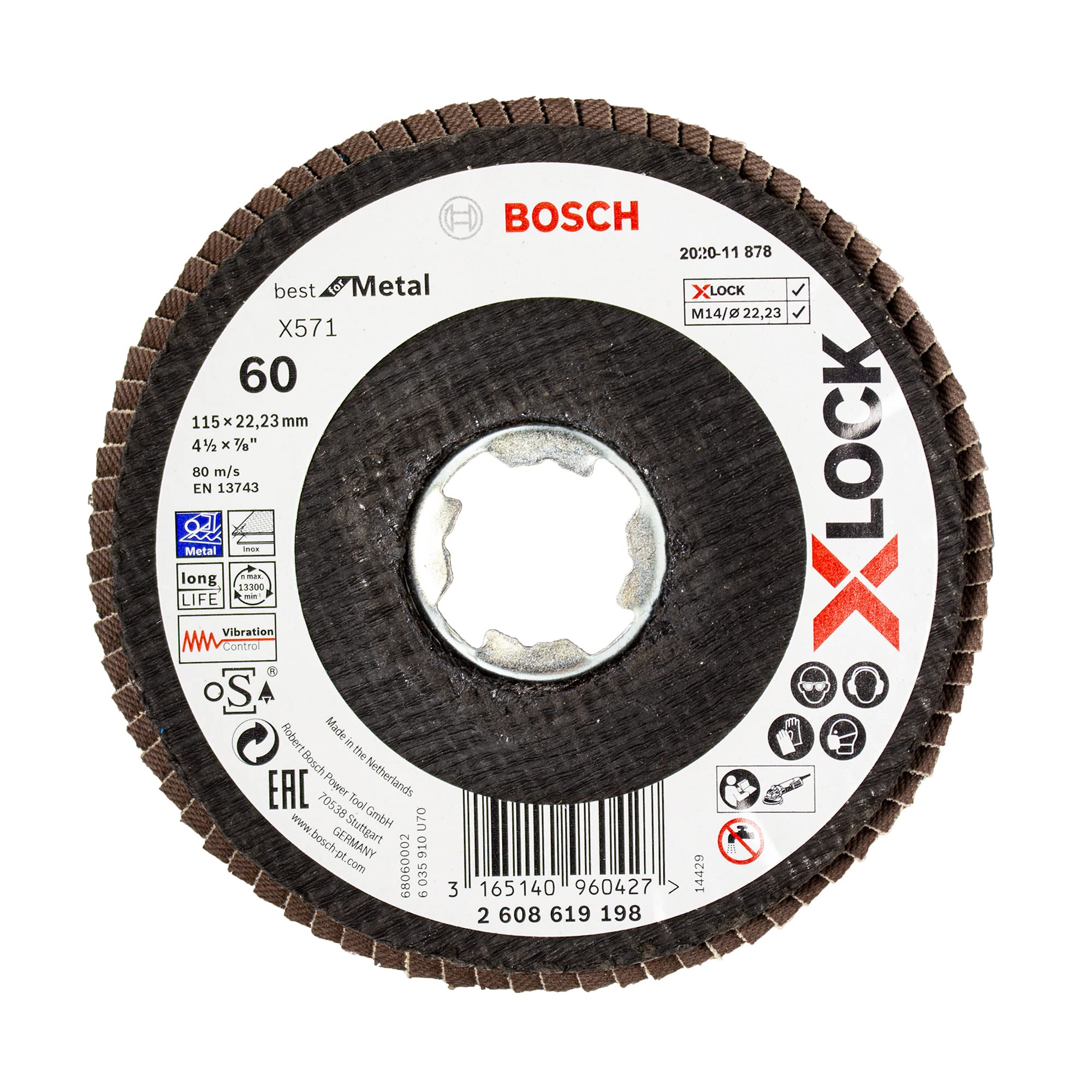 Bosch - Professional 2608619198 Disco Lamellare Bombato, Per Metallo, X-lock, X571, Ø115 Mm, Grana K60