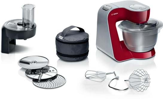 Bosch Serie 4 Planetaria Mum58710, 1000 W, Ciotola In Acciaio Inox Da 3,9 L, 7 Livelli Di Velocità, Fruste, Gancio E Dischi Vari Inclusi, Lavabili In Lavastoviglie, Rosso