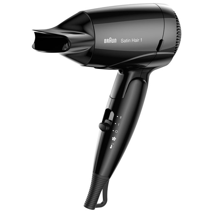 Braun HD130 Satin Hair 1 Asciugacapelli da Viaggio 1200W 2 temperature impugnatura pieghevole concentratore colore Nero