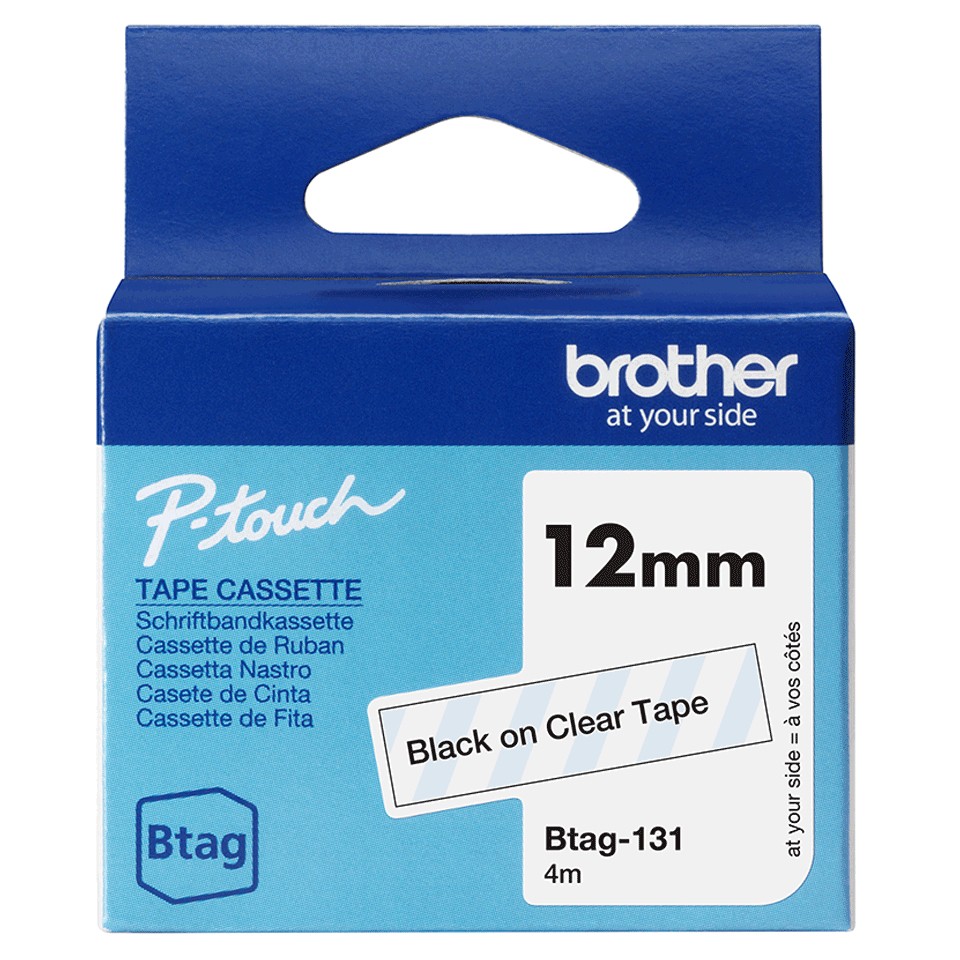 BROTHER BTAG131, Nastro originale per etichetattrici, Nero su Trasparente, Ampiezza 12 mm, Lunghezza 4 m