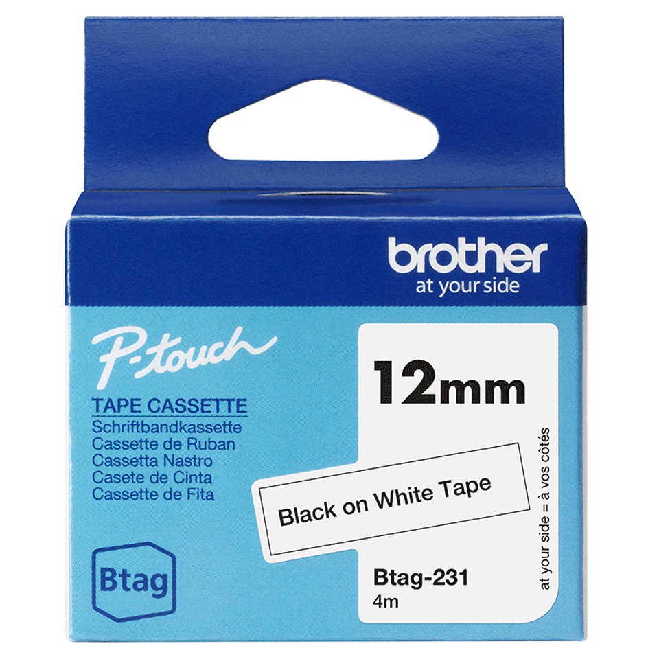 BROTHER BTAG231, Nastro originale per etichetattrici, Nero su Bianco, Ampiezza 12 mm, Lunghezza 4 m