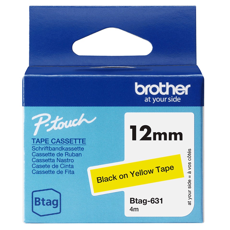 BROTHER BTAG631, Nastro originale per etichetattrici, Nero su Giallo, Ampiezza 12 mm, Lunghezza 4 m