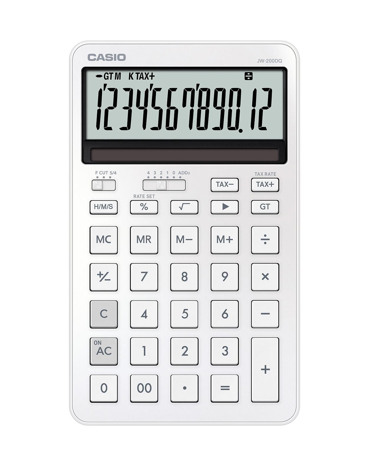 Calcolatrice da tavolo compatta Casio JW-200DQ con display LCD a 12 cifre - Calcola tasse percentuali radici quadrate ecc. - Alimentazione solare e a batteria - Bianca