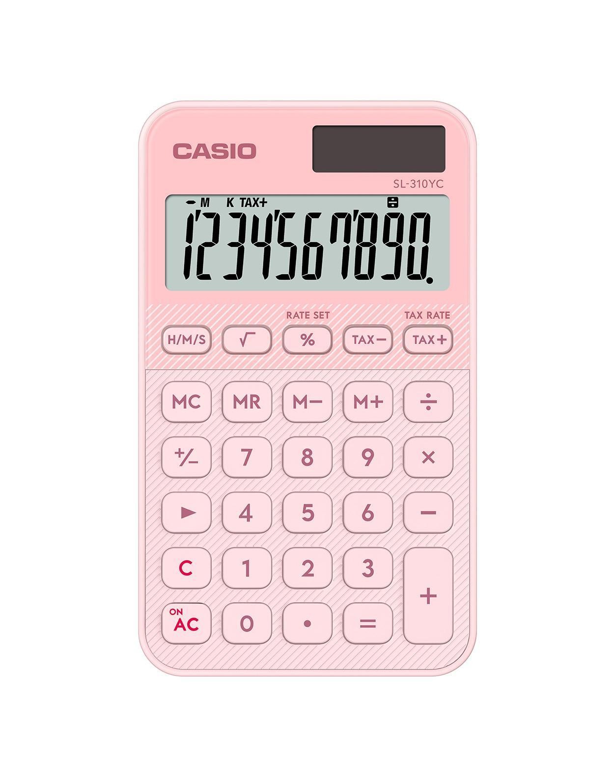 Calcolatrice tascabile Casio SL-310YC con display LCD a 10 cifre - Calcolatrice fiscale - Alimentazione solare e a batteria - Compatta e leggera - Rosa chiaro