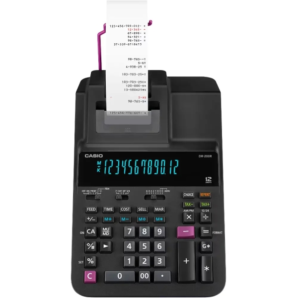 Calcolatrice/stampante da tavolo Casio DR-200R con ampio display a 12 cifre - Stampa a 2 colori - 44 righe al secondo - Nera