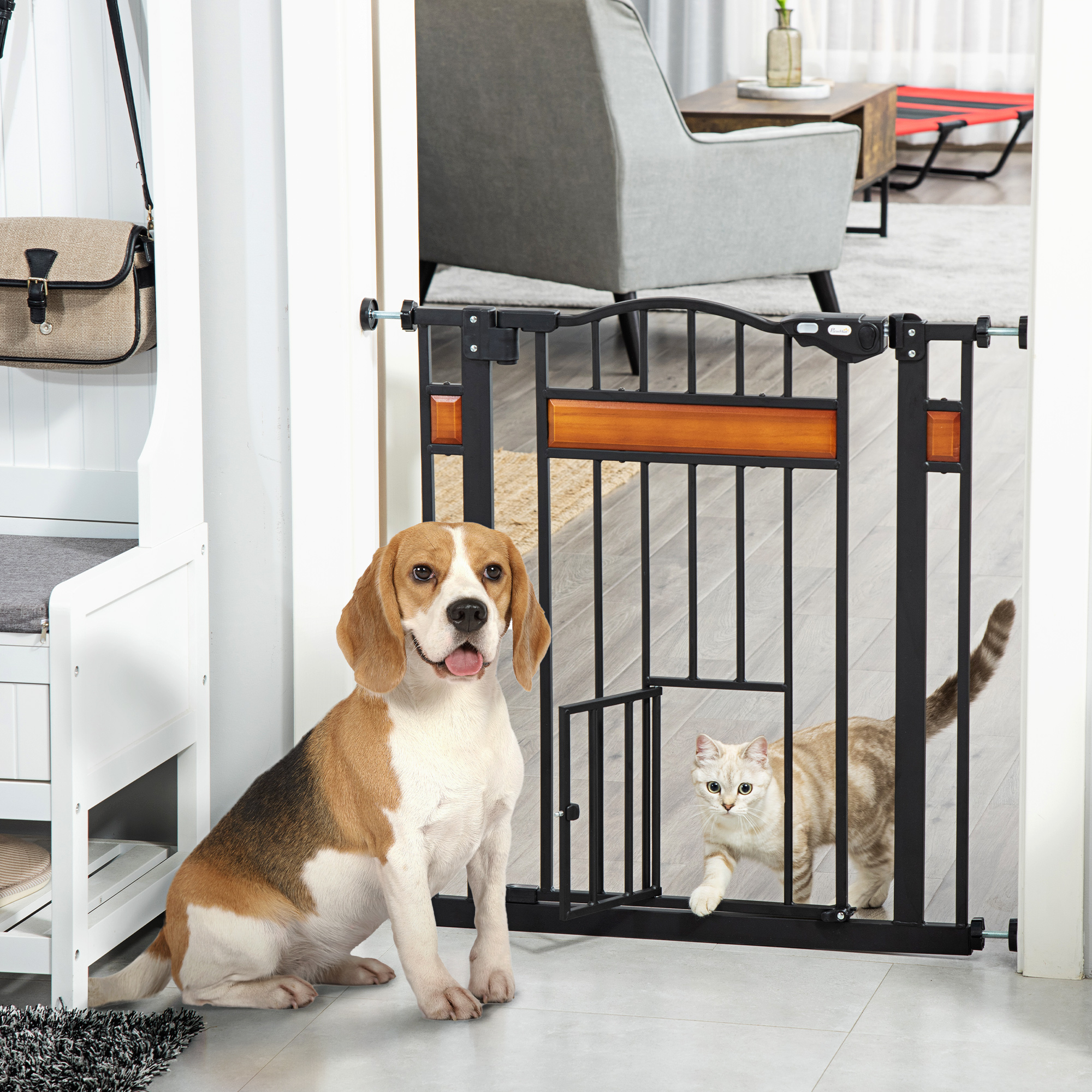Cancelletto di Sicurezza per Animali Domestici Pawhut con Porta a Chiusura Automatica e Doppia Serratura, Senza Foratura, da 74 a 80 Cm, in Acciaio e Legno di Pino, Nero