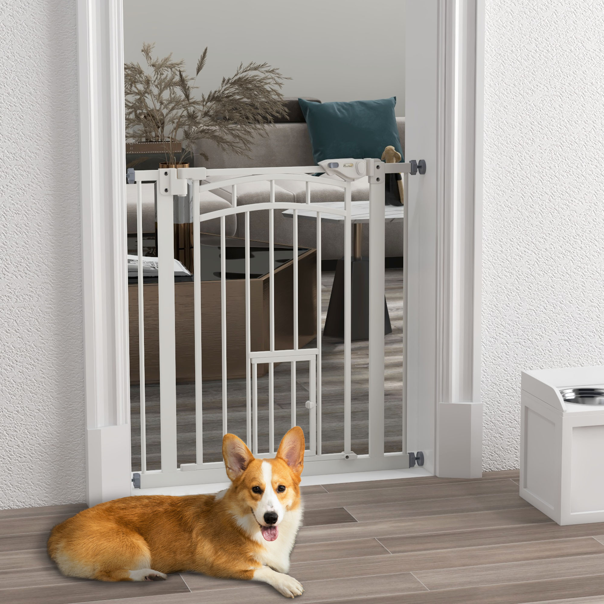 Cancelletto di Sicurezza per Cani Pawhut, Chiusura a Compressione Senza Foratura, Cancello per Scale, Porta a Chiusura Automatica, Meccanismo di Bloccaggio, Bianco