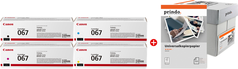 Canon 067 MCVP nero / ciano / magenta / giallo / Bianco Value Pack (+ Prindo Universal Papier 2500 Blatt) Canon 067 MCVP nero / ciano / magenta / giallo / Bianco Value Pack (+ Prindo Universal Papier 2500 Blatt)
