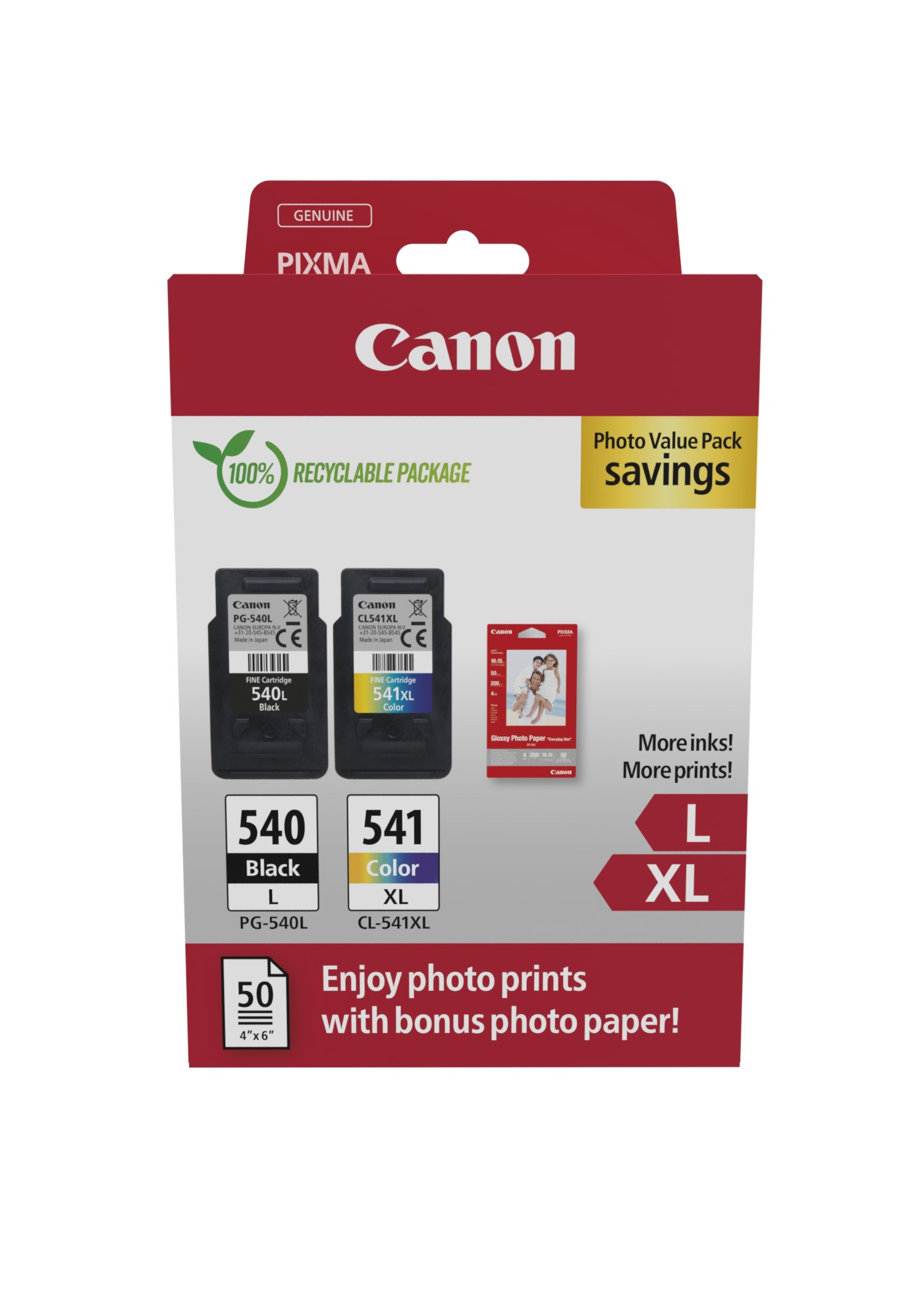 Canon PG540L Nero + CL541XL Colore Confezione da 2 cartucce d'inchiostro originali - 50 fogli di carta fotografica - 5224B012/5224B007/5224B005/5222B013/5222B014