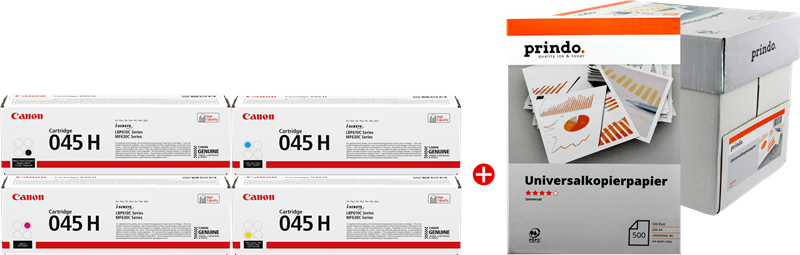 Canon Value Pack nero / ciano / magenta / giallo 045H MVCP + Prindo carta universale 2500 fogli 9400 pagine Canon Value Pack nero / ciano / magenta / giallo 045H MVCP + Prindo carta universale 2500 fogli 9400 pagine