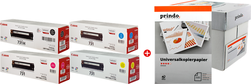 Canon Value Pack nero / ciano / magenta / giallo 731 MCVP + Prindo Universal Papier 2500 fogli Canon Value Pack nero / ciano / magenta / giallo 731 MCVP + Prindo Universal Papier 2500 fogli