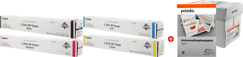 Canon Value Pack nero / ciano / magenta / giallo C-EXV49 MCVP + Prindo Universal Papier 2500 fogli 93000 pagine Canon Value Pack nero / ciano / magenta / giallo C-EXV49 MCVP + Prindo Universal Papier 2500 fogli 93000 pagine