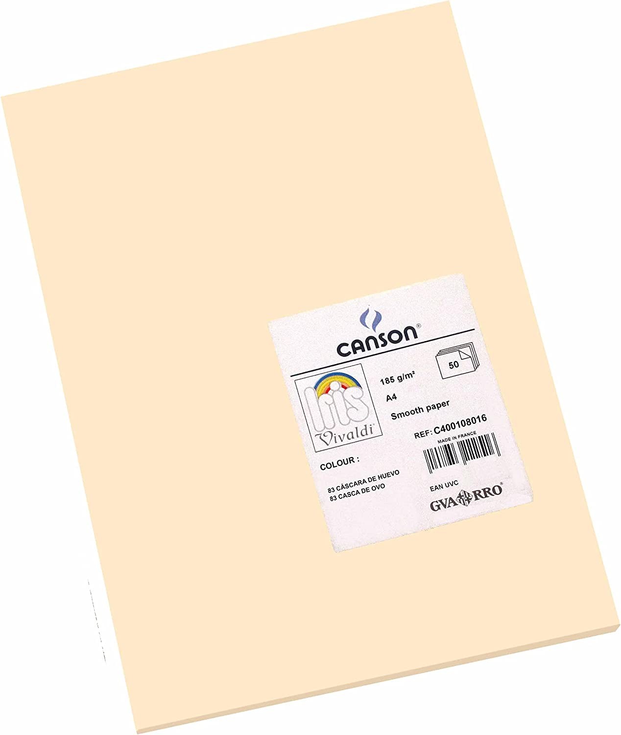 Canson Guarro Confezione da 50 Cartoncini Iris A4 da 185 g - 21x297 cm - Colore Guscio d'Uovo