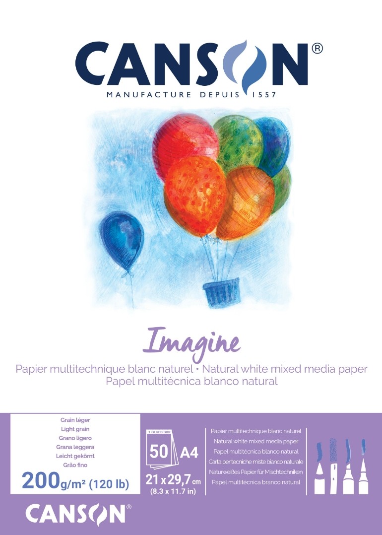 Canson Imagine Blocco incollato da 50 fogli A4 - Grana fine - 21x297 cm - 200 g - Colore bianco