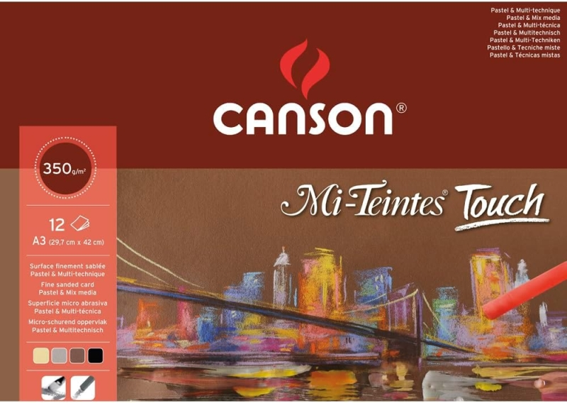 Canson Mi-Teintes Touch Pad con 12 fogli 350 g/m² - Dimensioni 297 x 42 cm - Superficie microabrasiva finemente strutturata - Certificato FSC - Colori assortiti