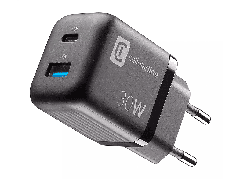 CARICABATTERIA CELLULARLINE Caricatore Multipower Micro 30W GaN Super Fast Charger Max con 2 Porte, 1 porta USB da 18W, USB-C