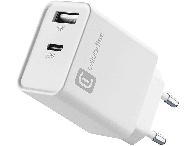 CARICABATTERIA CELLULARLINE Multiporta USBc USB-A 20W da 20W, Bianco CARICABATTERIA CELLULARLINE Multiporta USBc USB-A 20W da 20W, Bianco