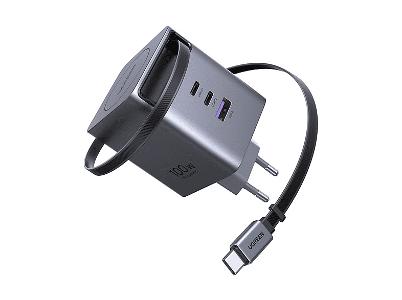 CARICABATTERIA UGREEN Caricatore fast charger 100W con cavo retrattile da 100W, Nero
