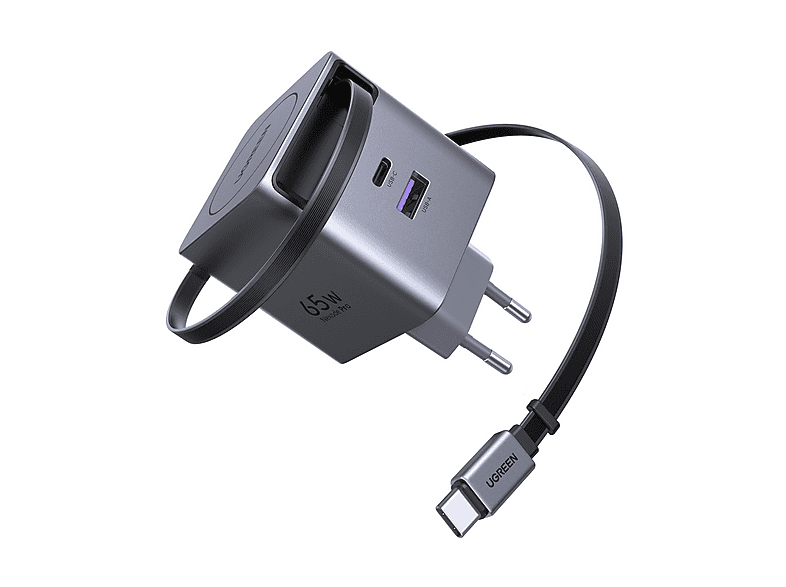 CARICABATTERIA UGREEN Caricatore Fast charger 65W con cavo retrattile da 65W, Nero