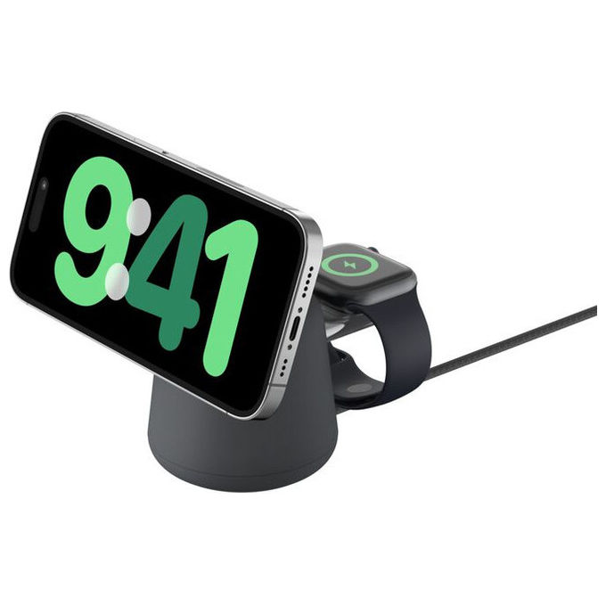 Caricabatterie Magsafe BELKIN BoostCharge Pro stazione di ricarica wireless 2 in 1 con Qi2 da 15w per iPhone e Apple Watch, Carbone
