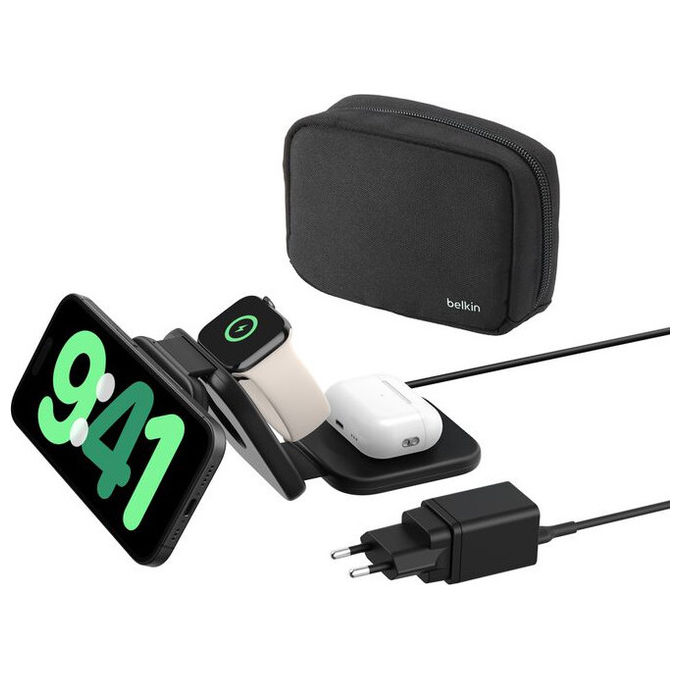 Caricabatterie Magsafe BELKIN BoostCharge Pro, stazione di ricarica wireless magnetico da viaggio 3 in 1 con Qi2 15W per iPhone, Apple Watch e Airpods, Nero