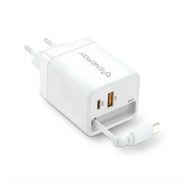 Caricabatterie retrattile Energy Systems GaN da 20 W - 1 porta USB-C PD 1 porta USB-A + cavo USB-C retrattile da 60 cm - Ricarica intelligente e veloce - Controllo della temperatura e della sovratensione - Bianco