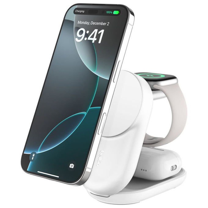 CARICATORE WIRELESS BELKIN STAND FOLD WL Qi2 25W 3-1 da 25 W, Bianco