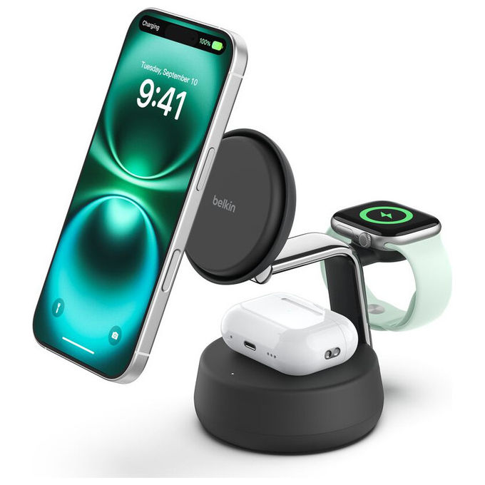 CARICATORE WIRELESS BELKIN STAND WL Qi2 25W 3IN1 da 25 W, Carbone