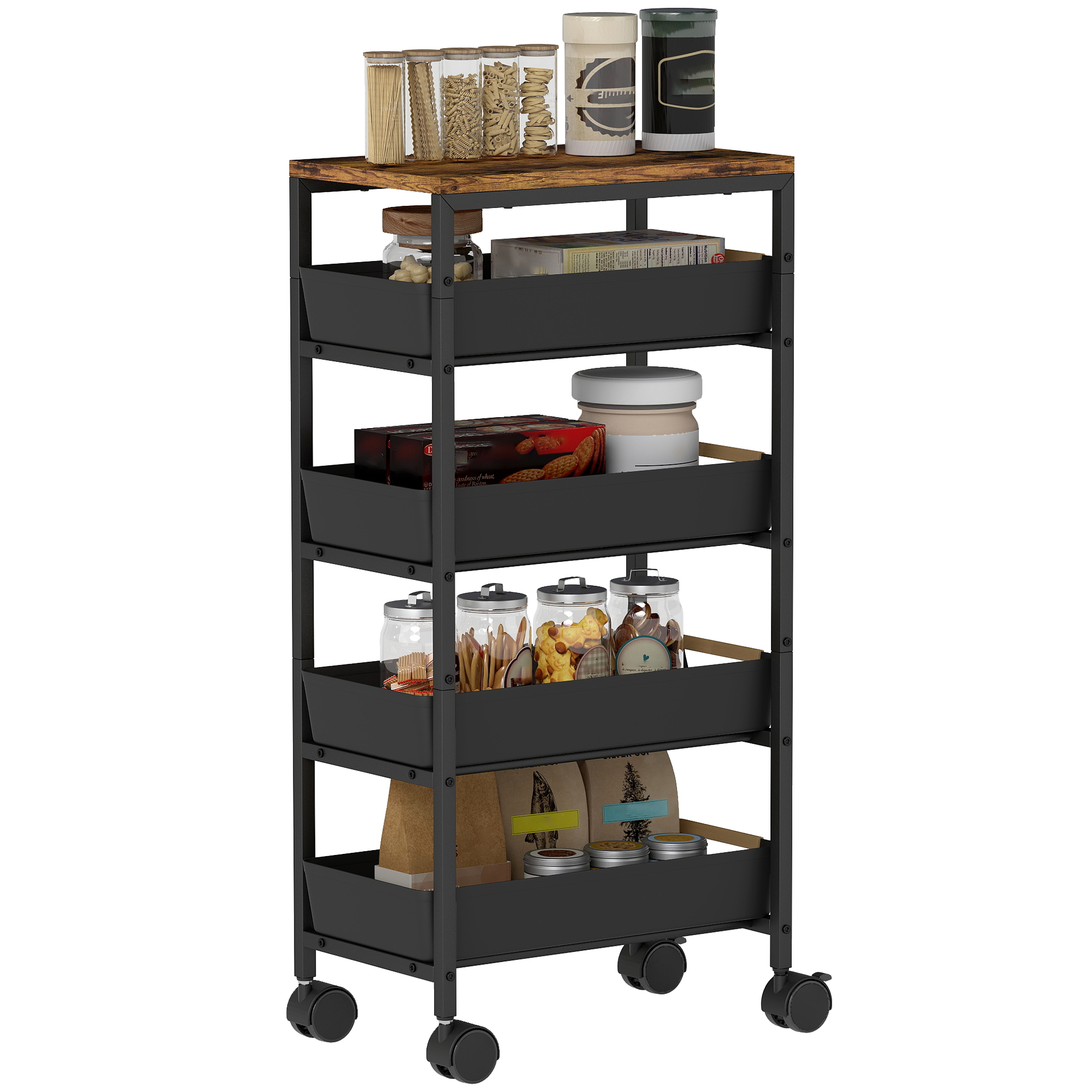 Carrello da cucina HOMCOM a 5 livelli, carrello di servizio con ruote, carrello portaoggetti con 4 cassetti scorrevoli, ripiano a R