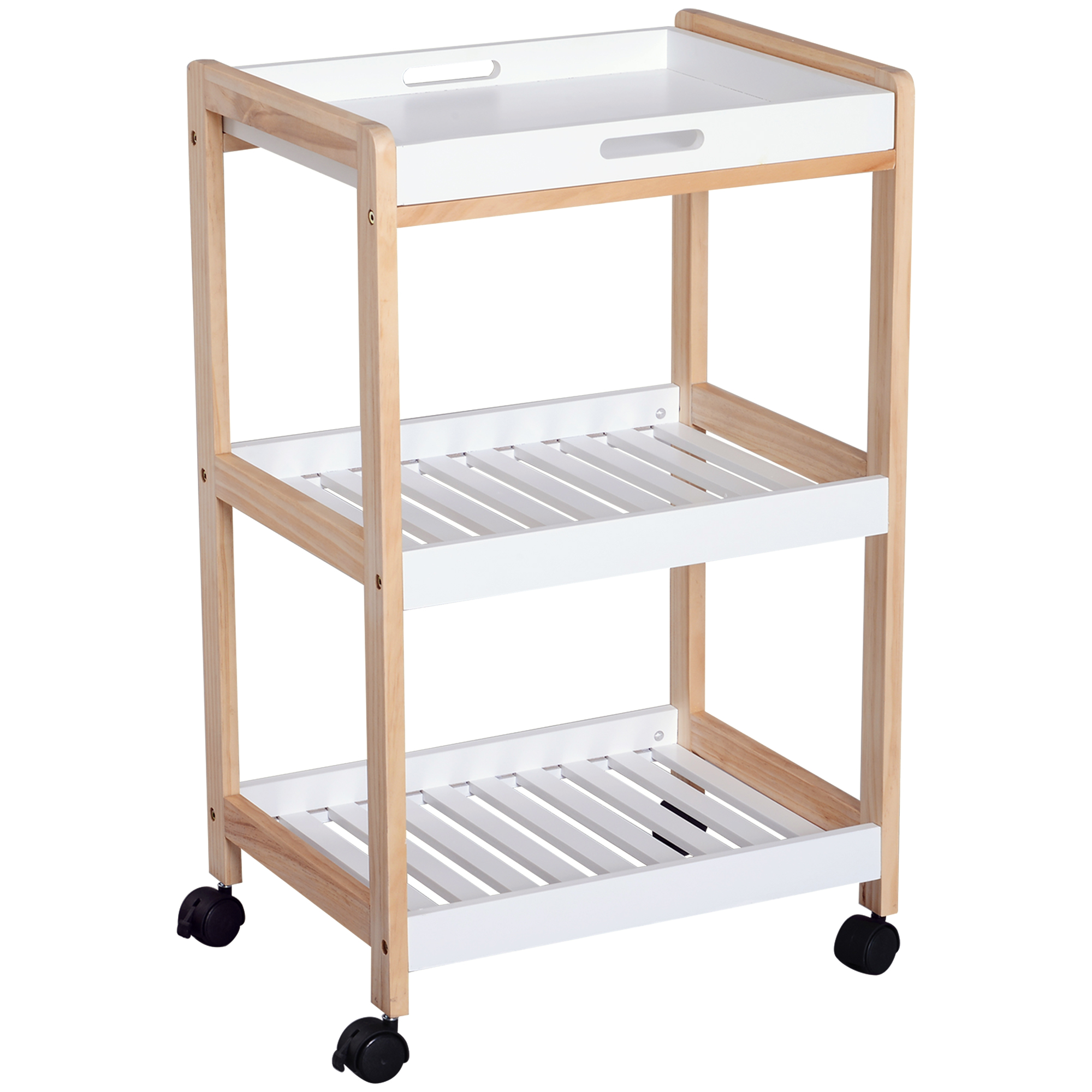 Carrello di servizio HOMCOM con ruote, 2 ripiani + vassoio rimovibile, per bevande, in MDF bianco
