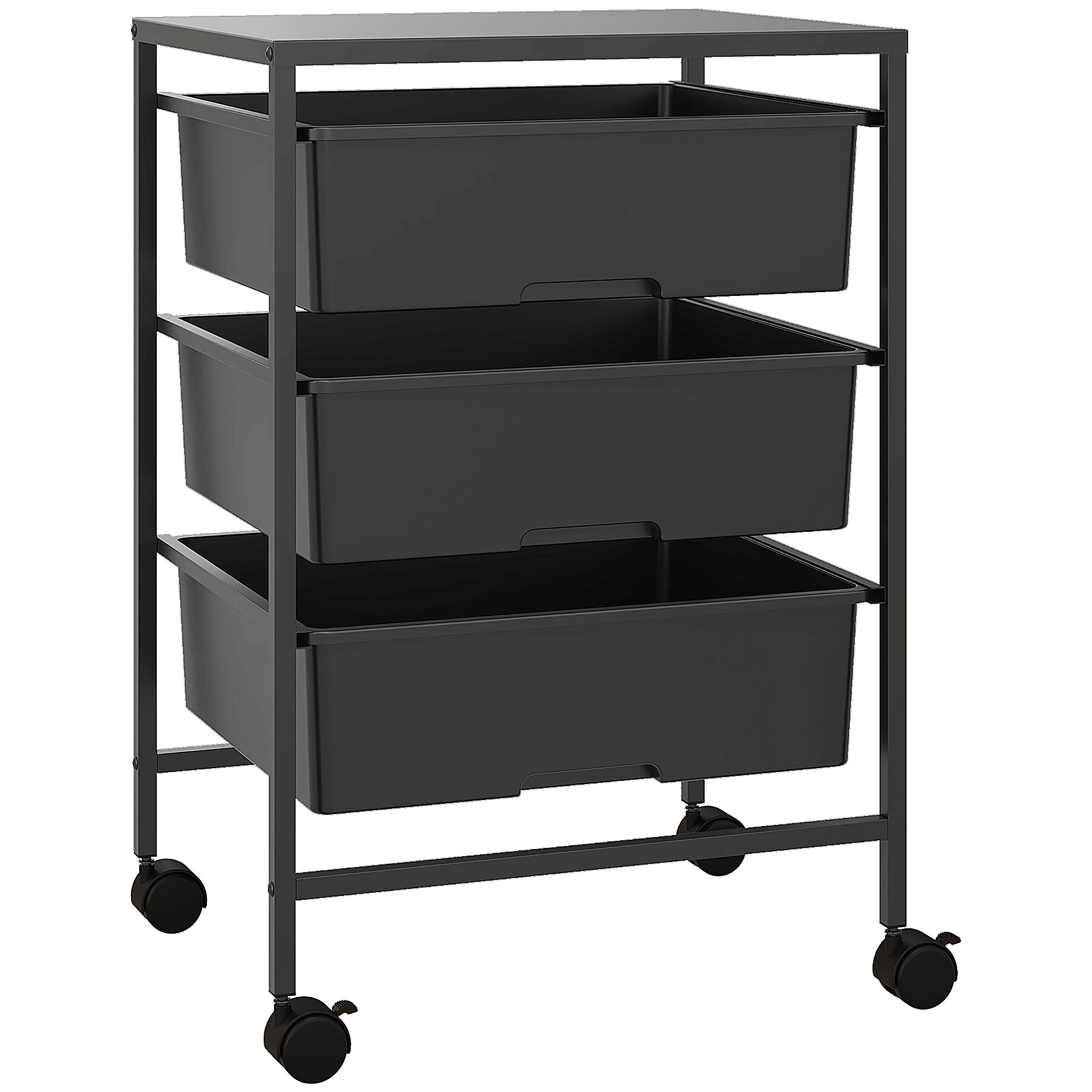 Carrello di servizio HOMCOM con ruote, 3 ripiani e 3 cestini, struttura in acciaio, per cucina, camera da letto, soggiorno, scrivania - Nero