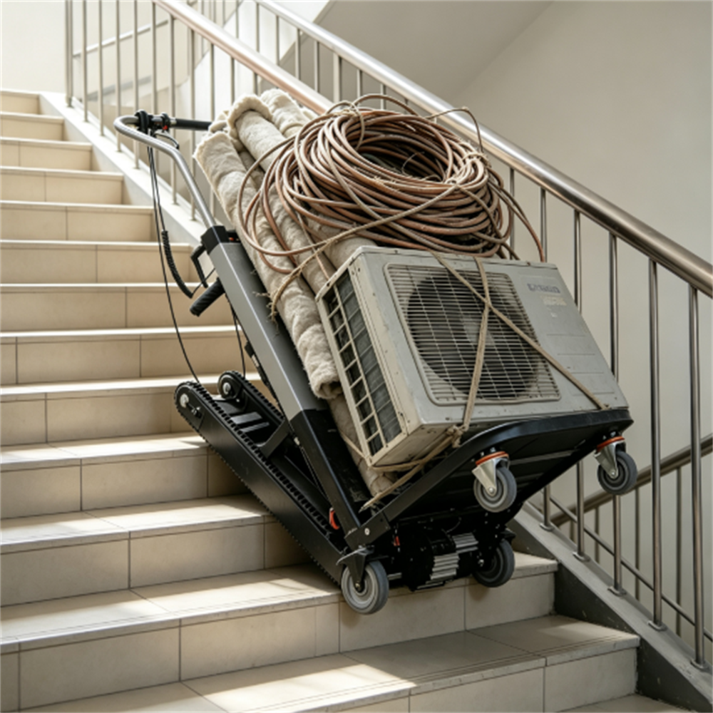 Carrello logistico - attrezzatura per la movimentazione del carico; macchinari utilizzati per il trasporto di merci. Carrello saliscale di nuova concezione.