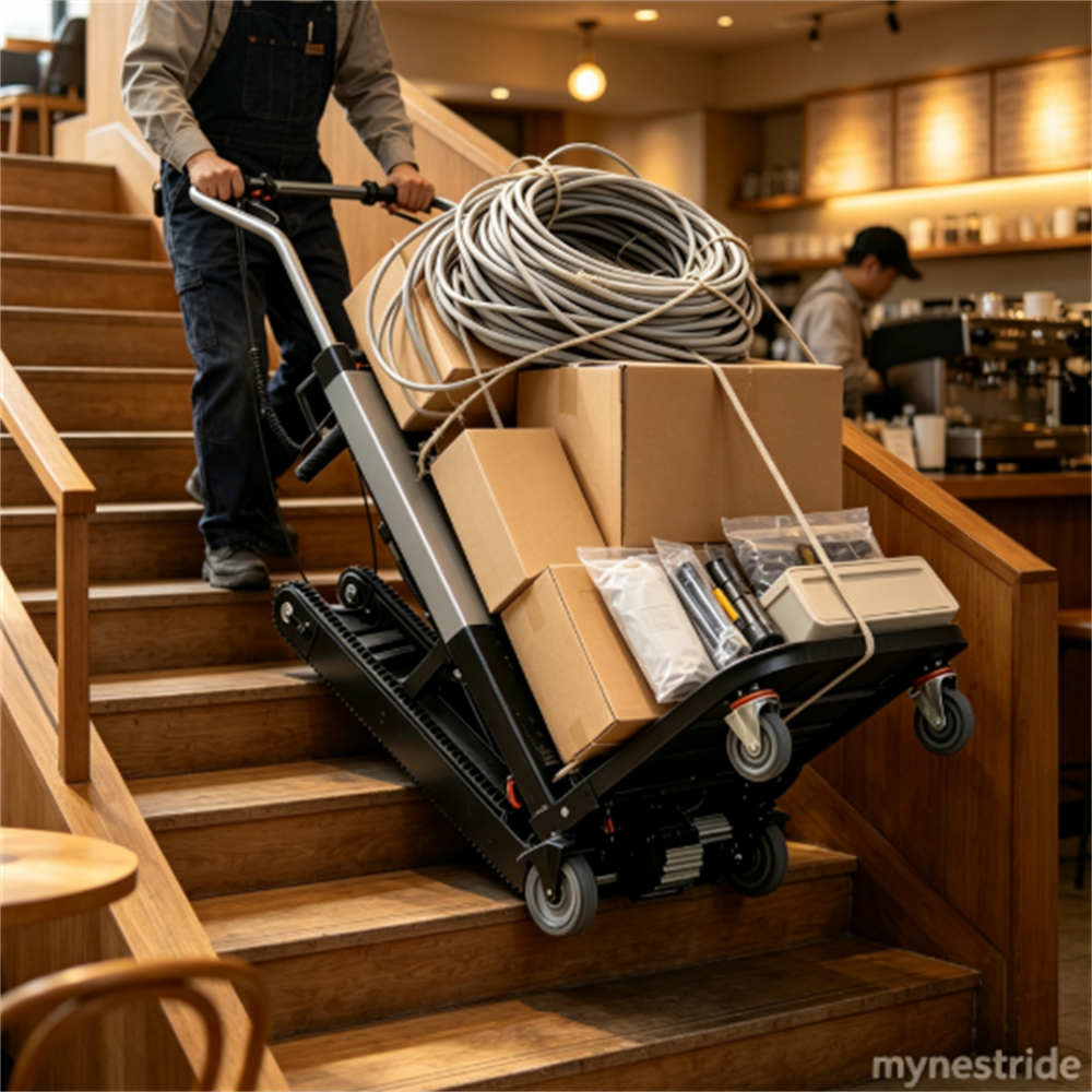 Carrello saliscale cingolato di lusso; in grado di salire continuamente 1.600 gradini, con una capacità di carico di 280 kg.