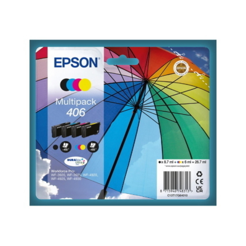 Cartuccia epson 406 ombrello c13t17g64010 6ml multipack per workforce pro: wf-3920, wf-3925, wf-4920, wf-4925, wf-4930 Cartuccia epson 406 ombrello c13t17g64010 6ml multipack per workforce pro: wf-3920, wf-3925, wf-4920, wf-4925, wf-4930