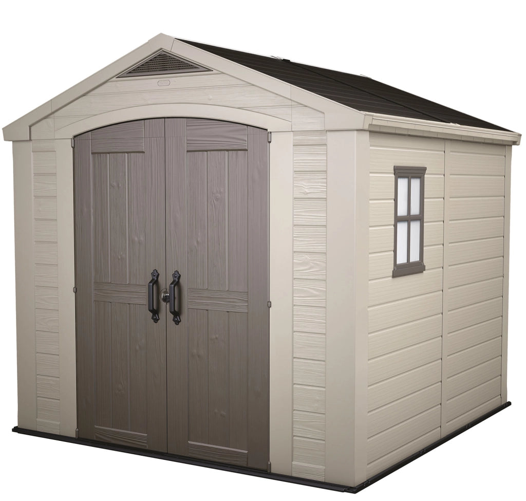 Casetta da Giardino con Mensole 256,5x255x243 cm Keter Factor 8x8 in Polipropilene Rinforzato Beige