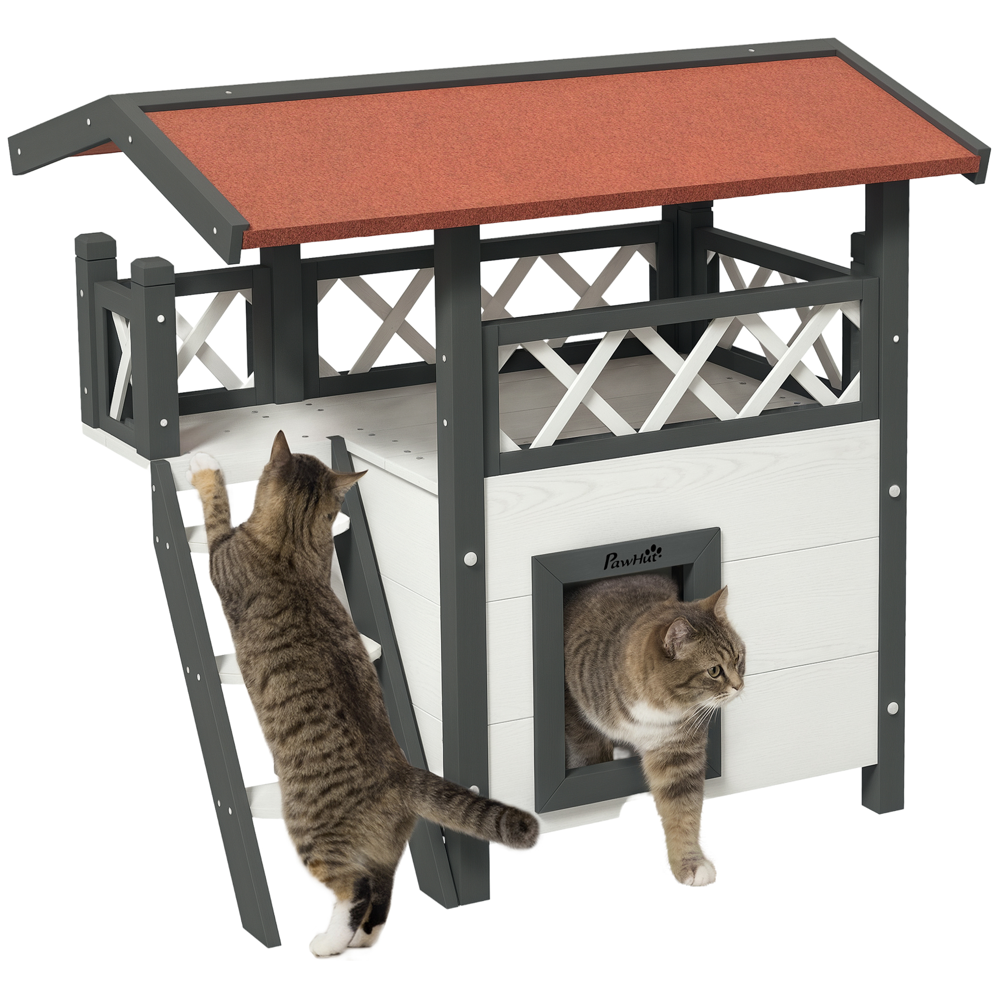 Casetta PawHut per gatti selvatici - Villa con terrazza, scala e tetto per gatti - 77x50x73 cm - Bianco e rosso