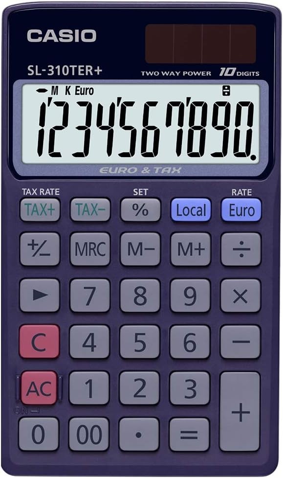 Casio SL-310TER+ Calcolatrice Tascabile - Display LC Extra Large da 10 Cifre - Funzione Convertitore Euro - Colore Blu Scuro