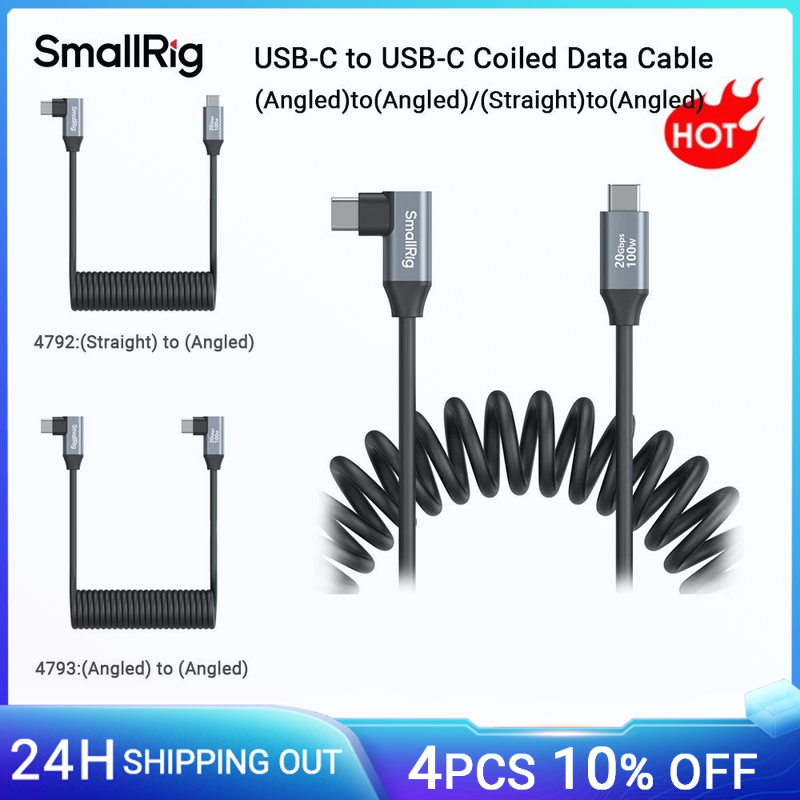 Cavo dati a spirale SmallRig da USB-C a USB-C Supporto trasferimento dati ad alta velocità da 20 Gbps e ricarica rapida PD 100 W per fotocamera 4793/4792